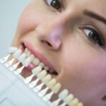 Dentist examining female patient with teeth shades at dental clinic